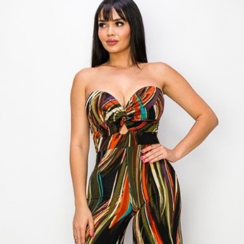 Allover Print Twist Front Wide Leg Jumpsuit